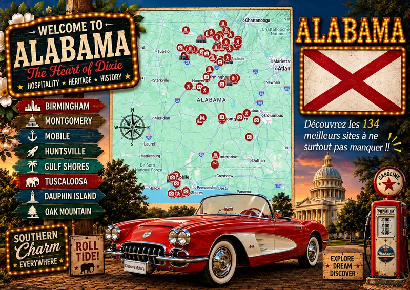 Carte des lieux incontournables de Alabama