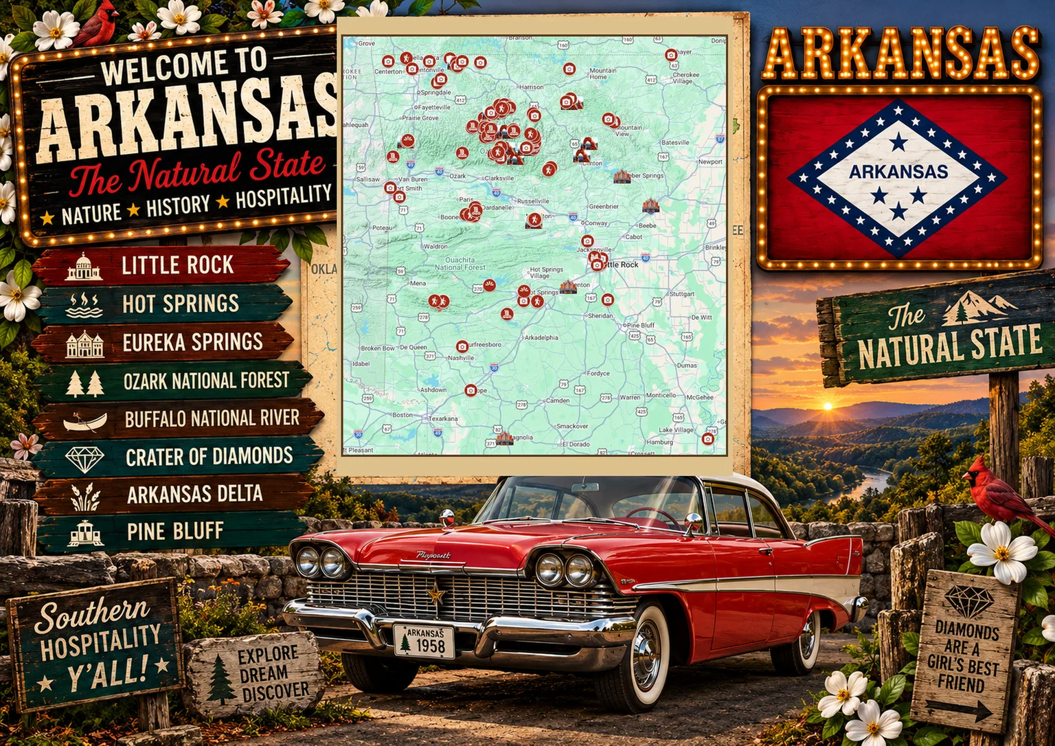 Map of must-see places in Arkansas