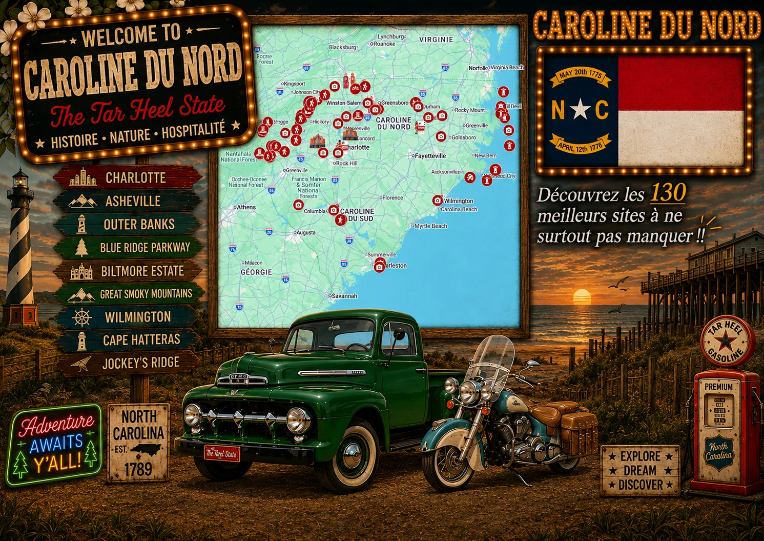 Carte des lieux incontournables de Caroline du Nord