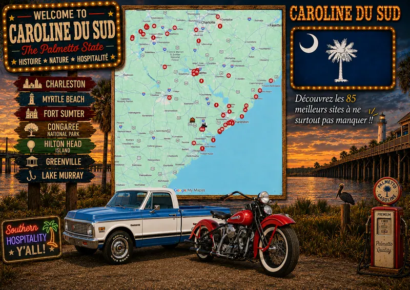 Carte des lieux incontournables de Caroline du Sud