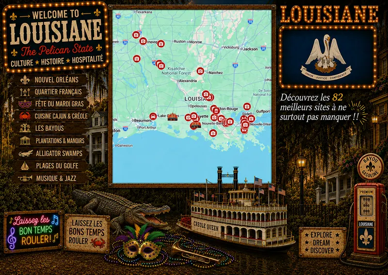 Carte des lieux incontournables de Louisiane