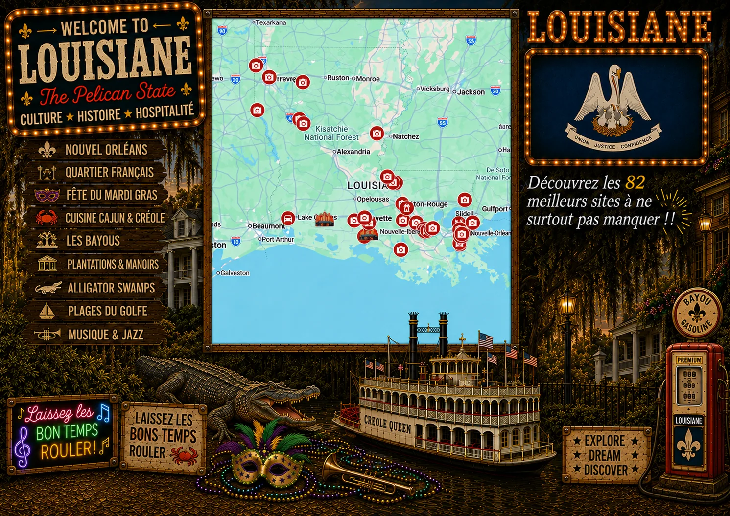 Carte des lieux incontournables de Louisiane