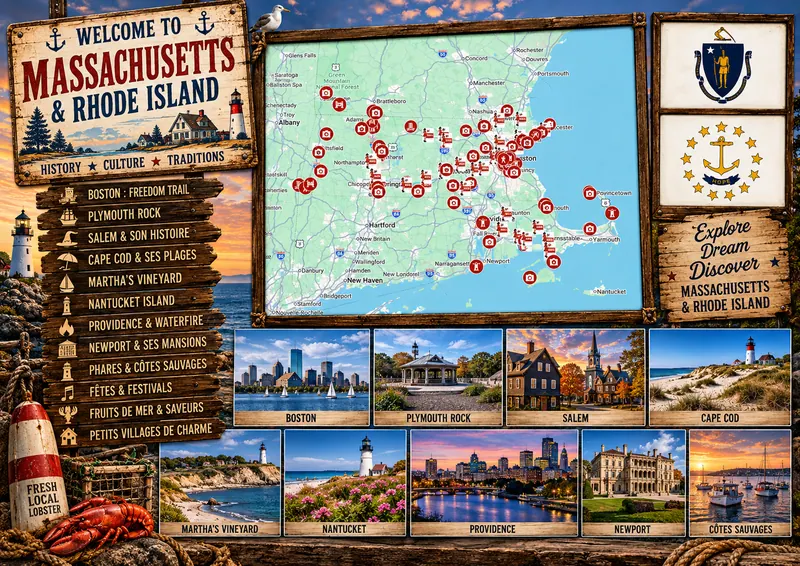 Carte des lieux incontournables de Massachusetts et Rhode Island