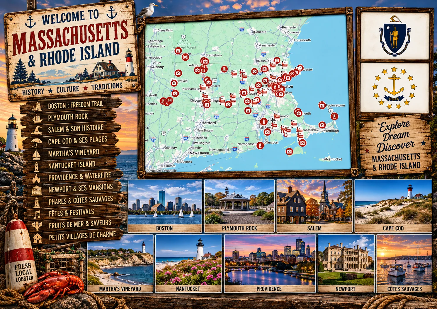 Carte des lieux incontournables de Massachusetts et Rhode Island