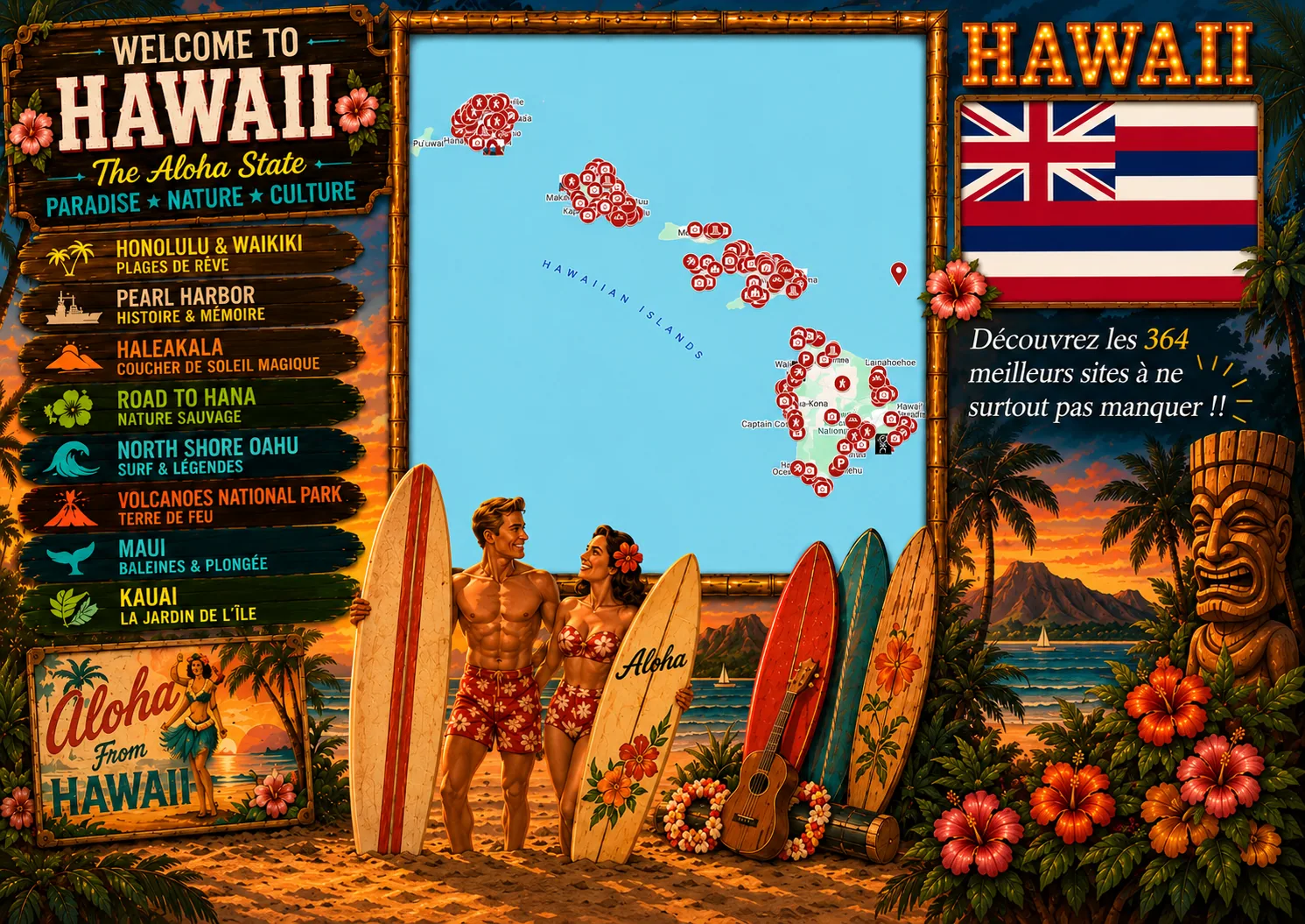 Carte des lieux incontournables de Hawaï