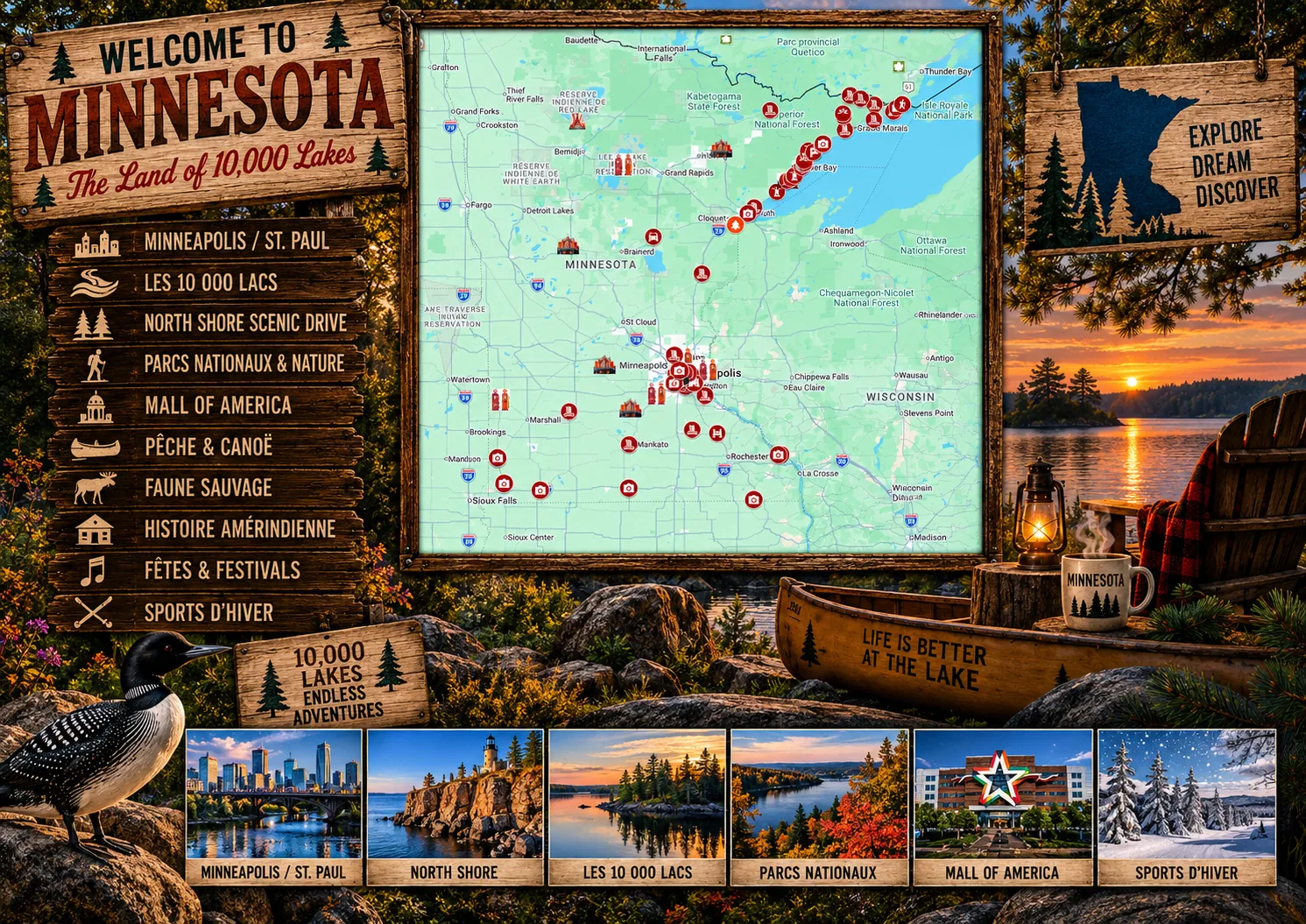 Carte des lieux incontournables de Minnesota