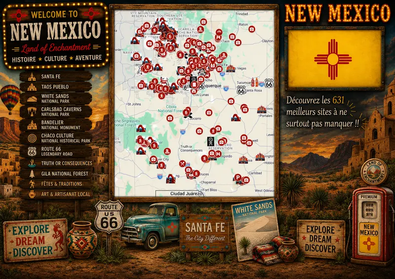 Carte des lieux incontournables de Nouveau-Mexique