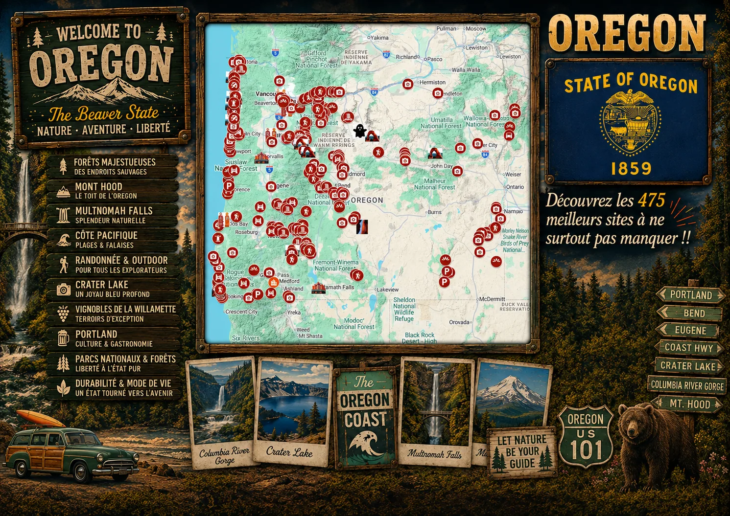 Carte des lieux incontournables de Oregon