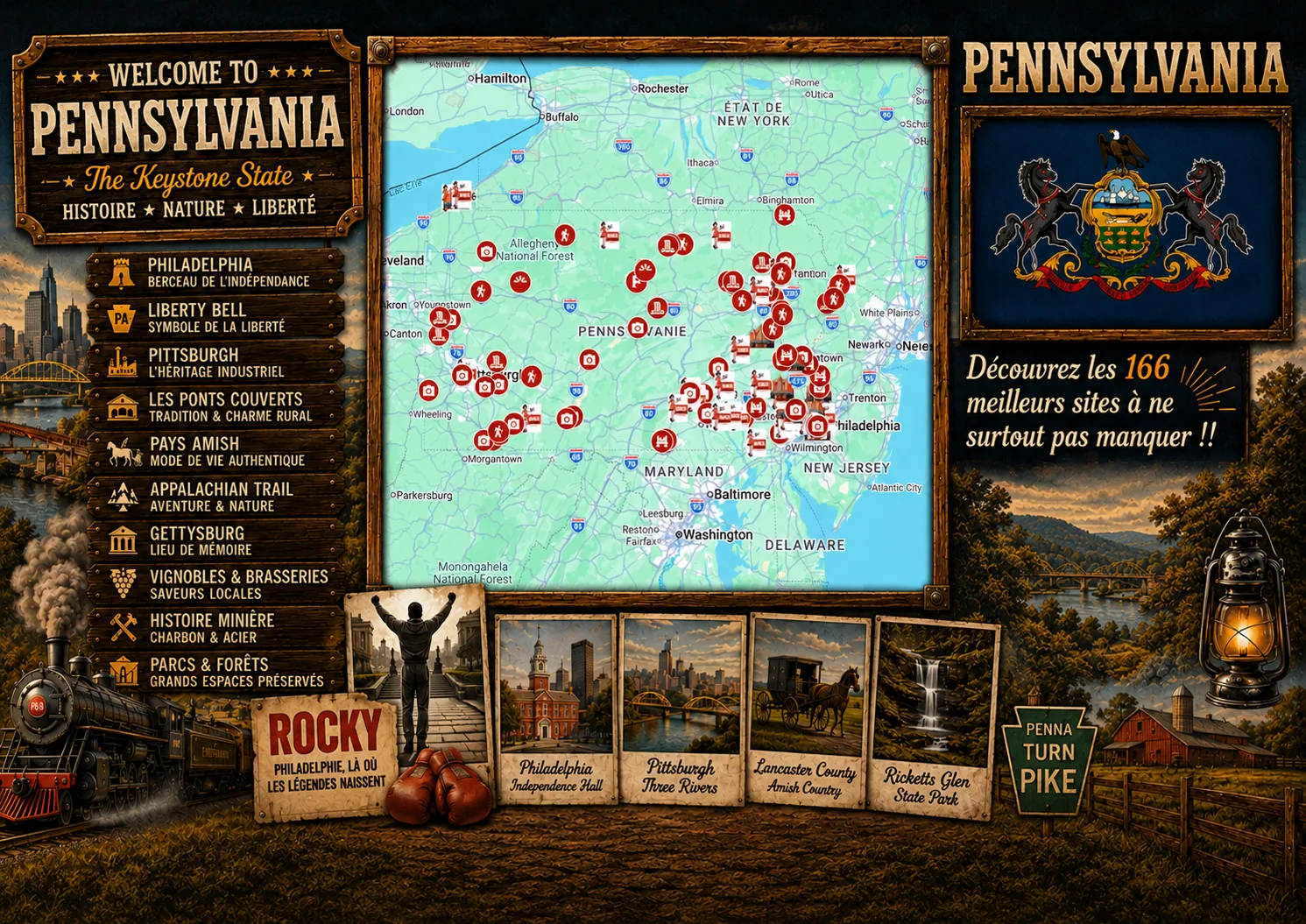 Carte des lieux incontournables de Pennsylvanie