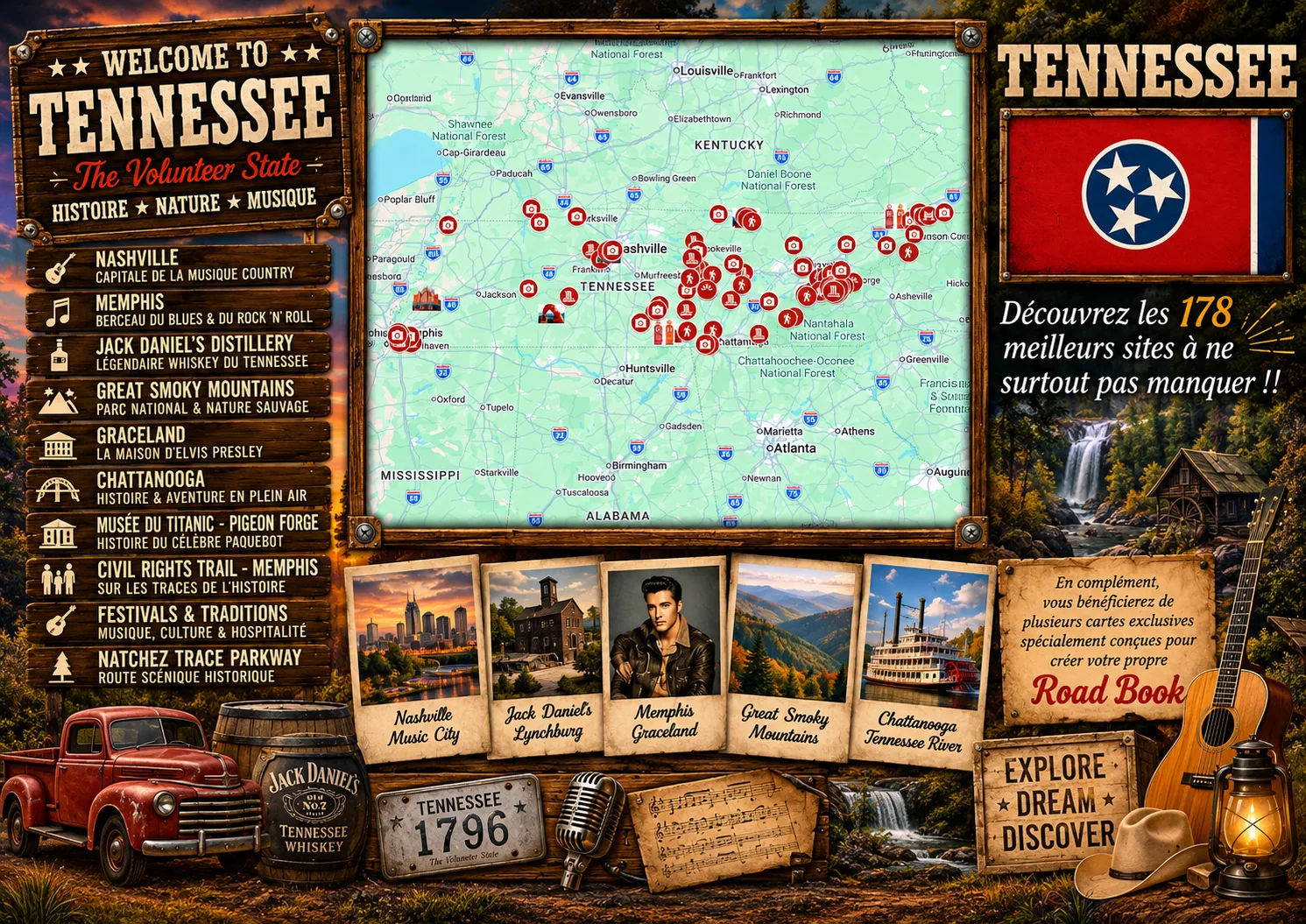 Carte des lieux incontournables de Tennessee