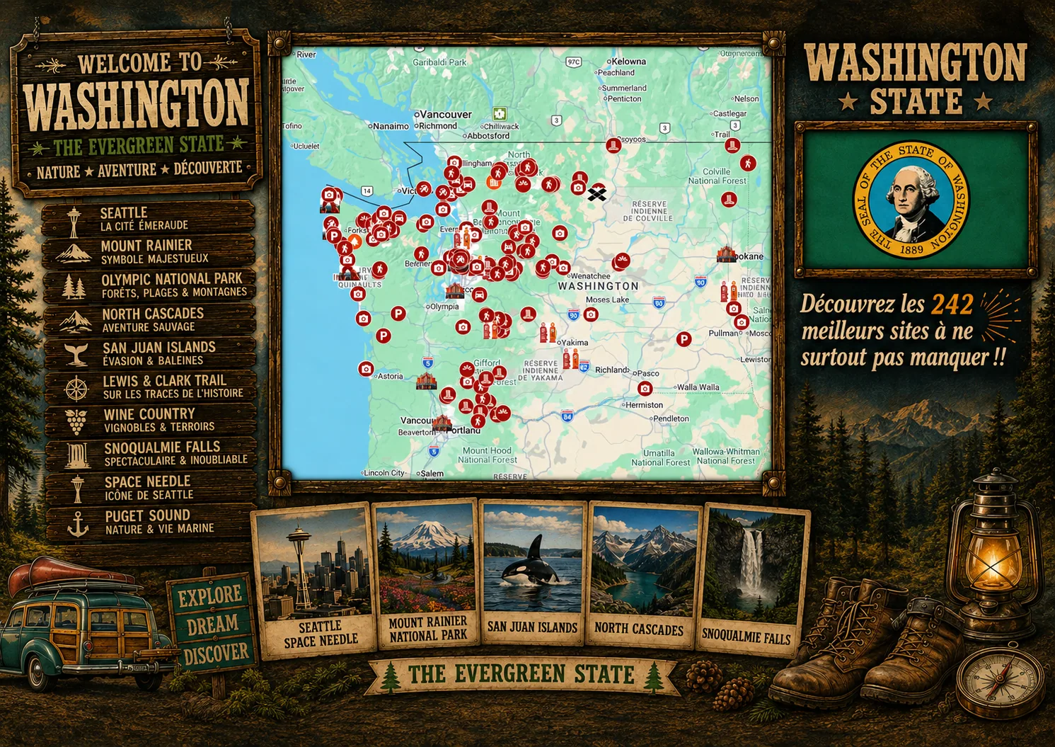 Carte des lieux incontournables de État de Washington