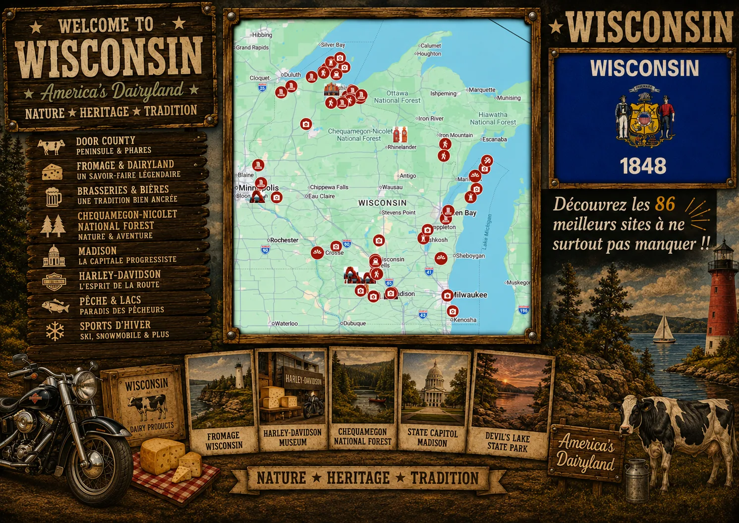 Carte des lieux incontournables de Wisconsin