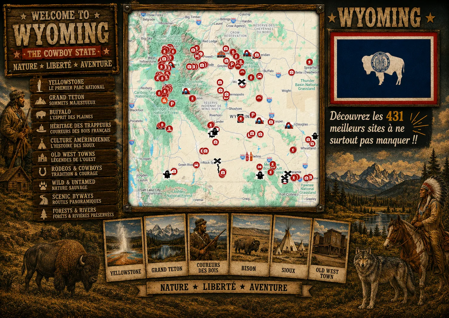 Carte des lieux incontournables de Wyoming