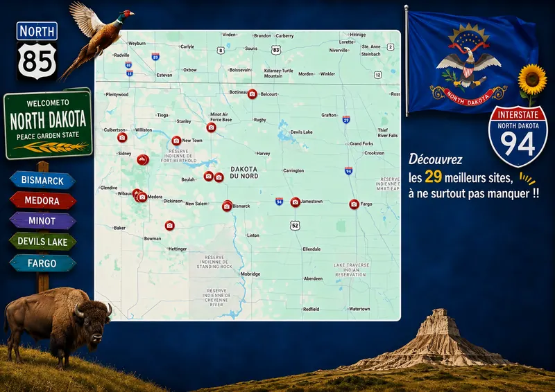 Carte des lieux incontournables de Dakota du Nord