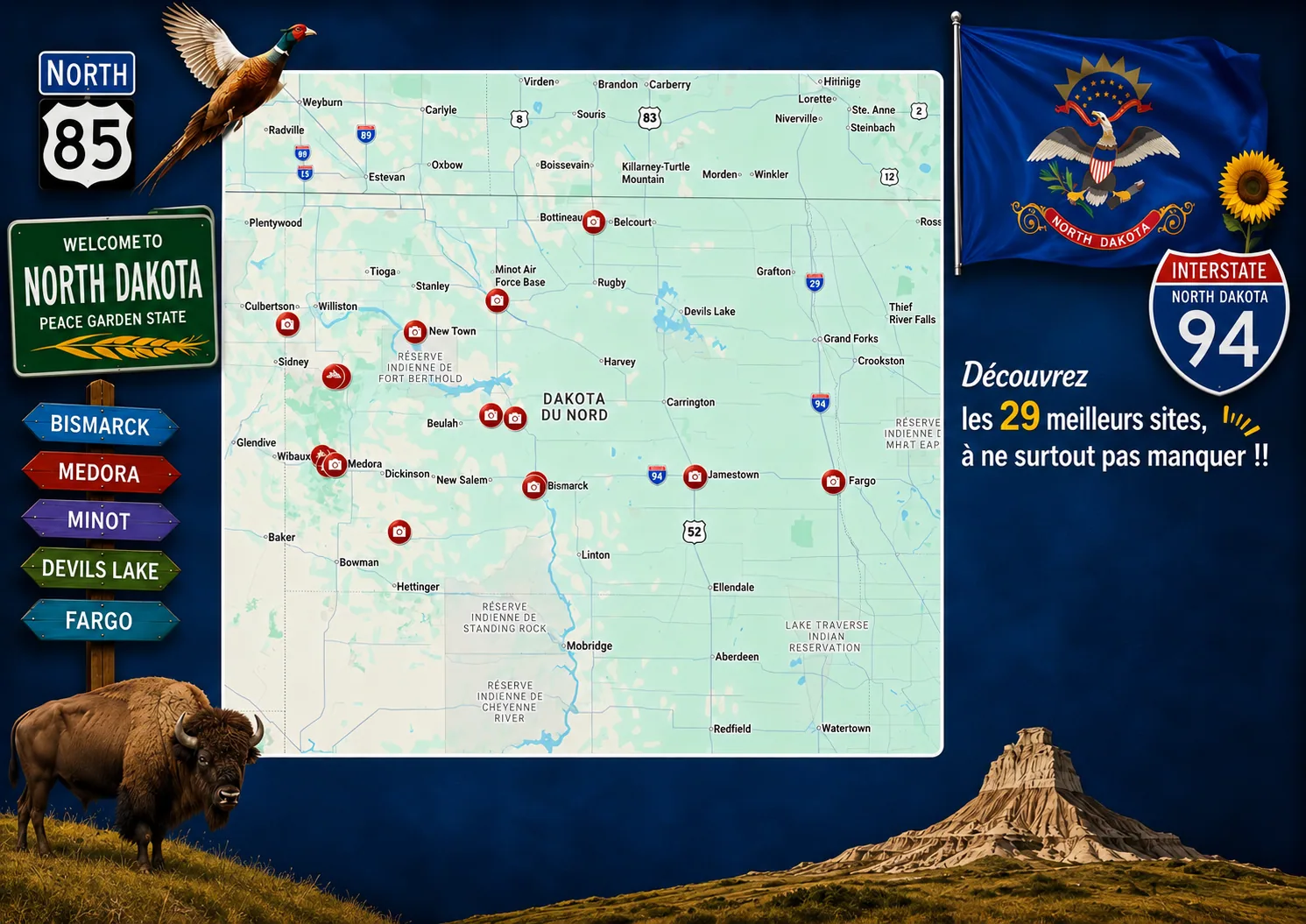 Carte des lieux incontournables de Dakota du Nord