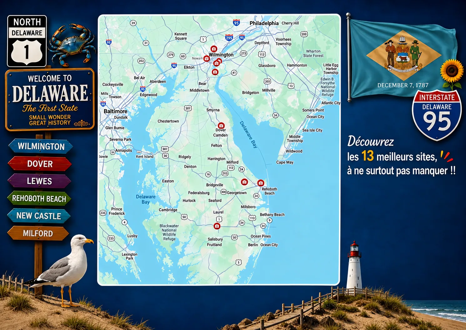 Carte des lieux incontournables de Delaware