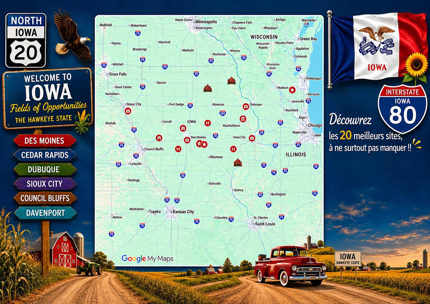 Carte des lieux incontournables de Iowa