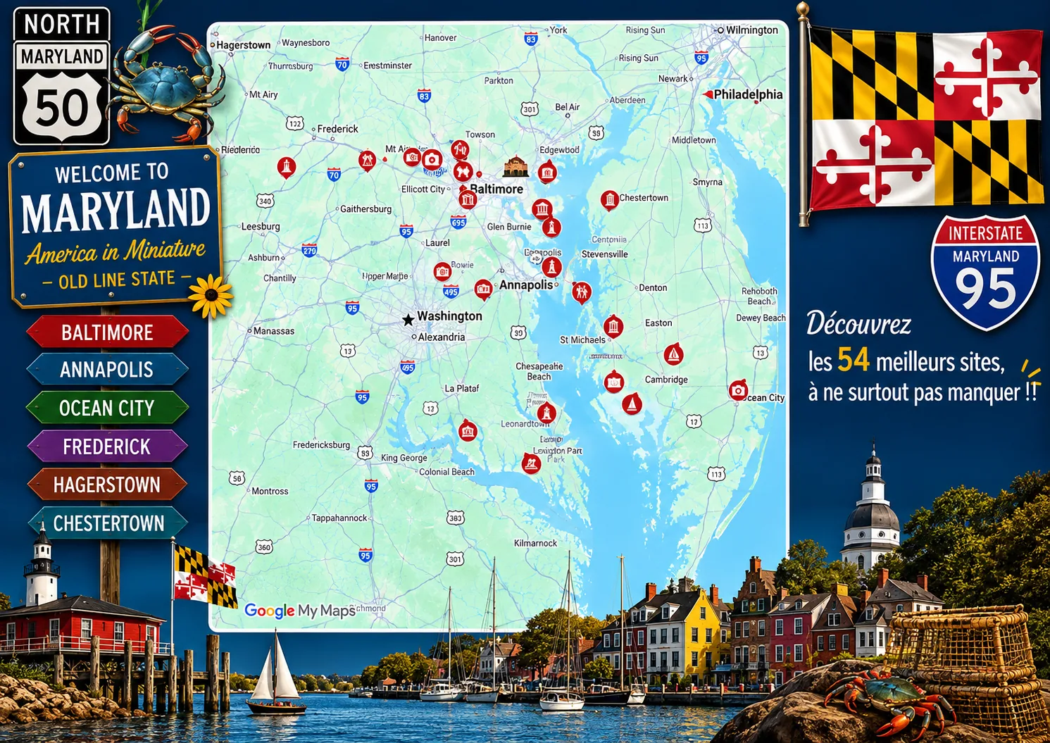 Carte des lieux incontournables de Maryland