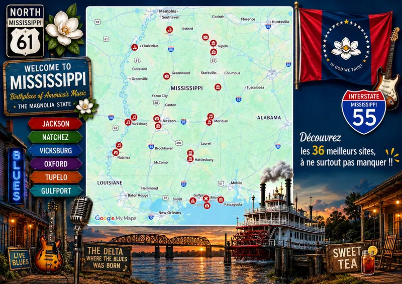 Carte des lieux incontournables de Mississippi