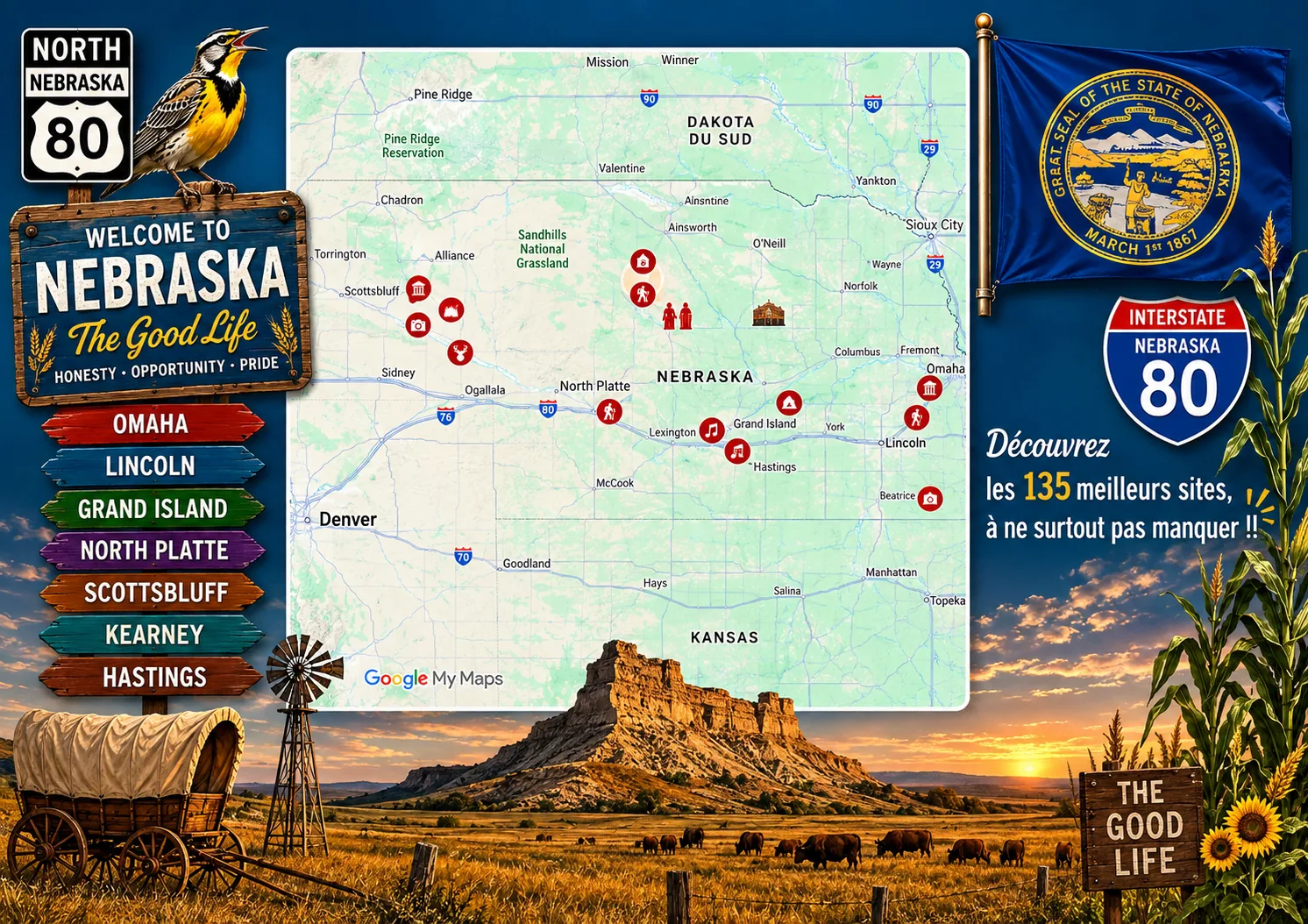 Carte des lieux incontournables de Nebraska