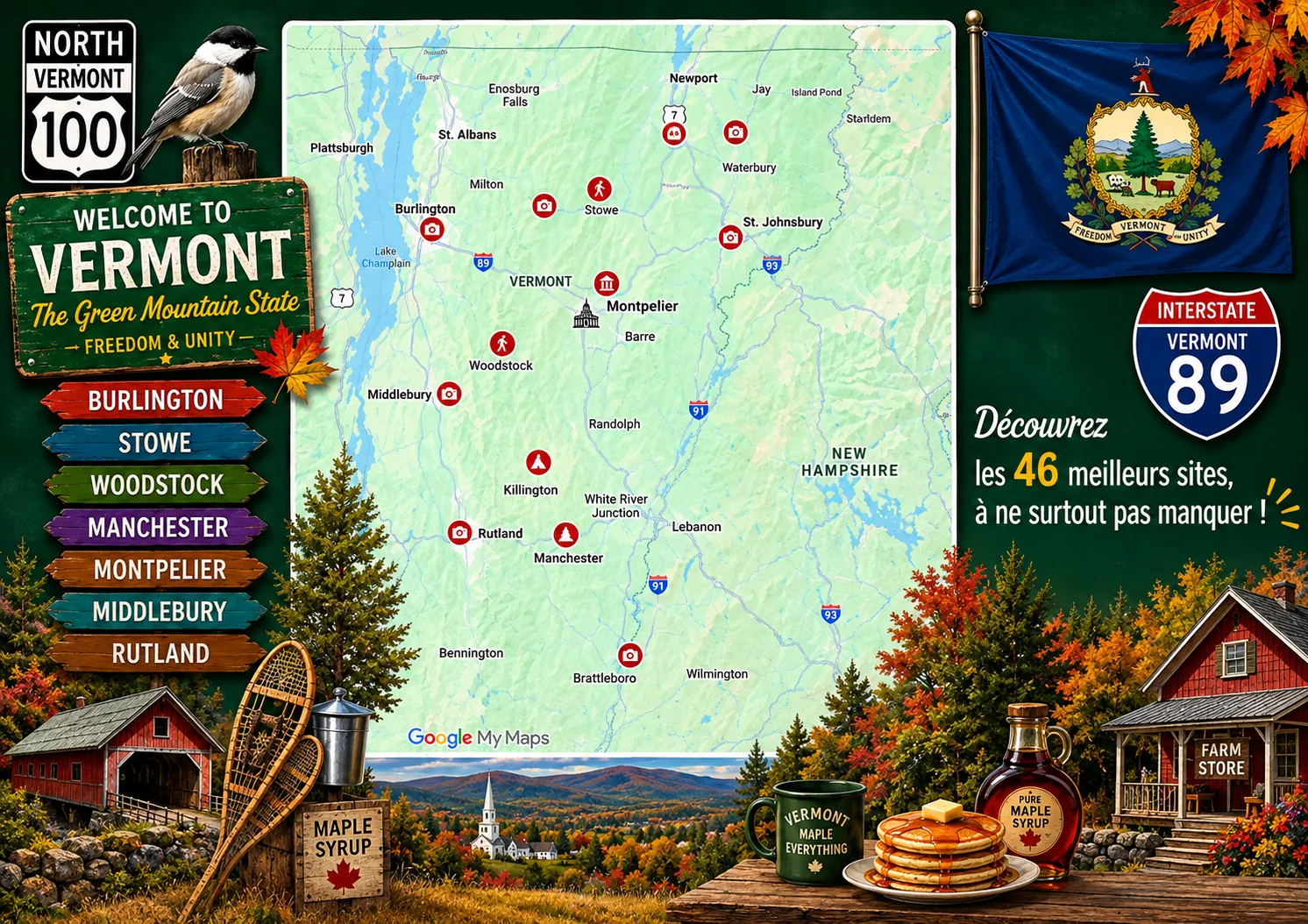 Carte des lieux incontournables de Vermont