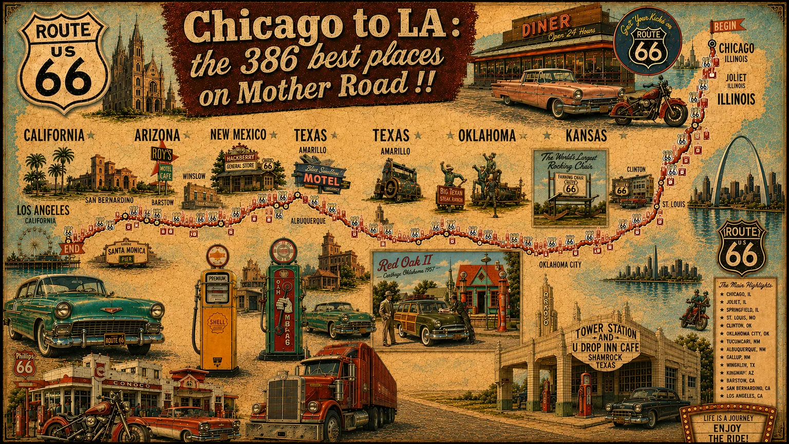 Carte des lieux incontournables de Route 66