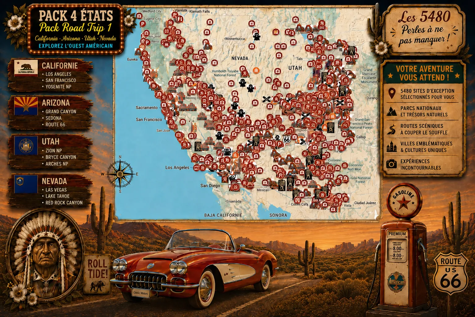 Carte des lieux incontournables de Pack Road Trip 1