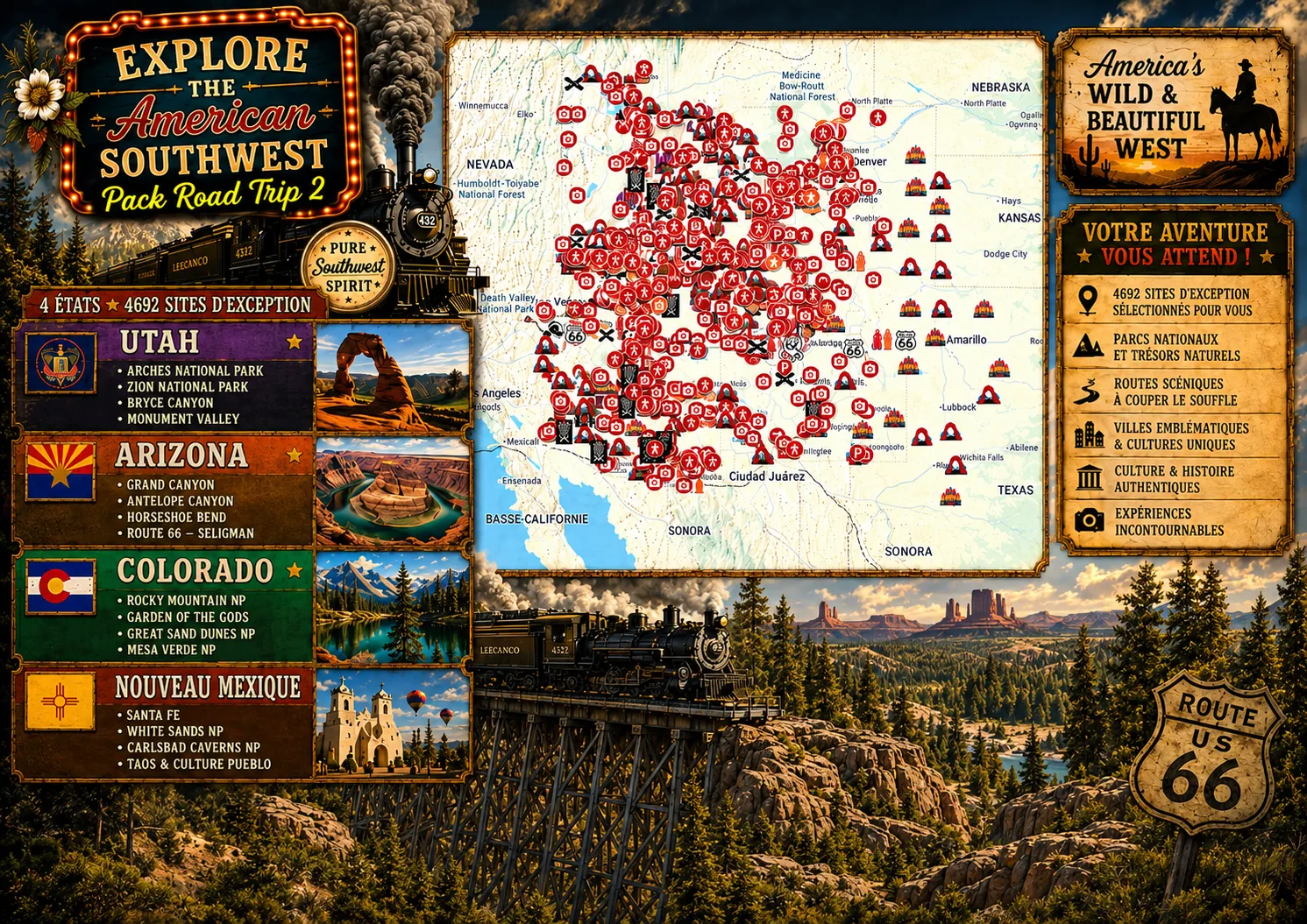 Carte des lieux incontournables de Pack Road Trip 2