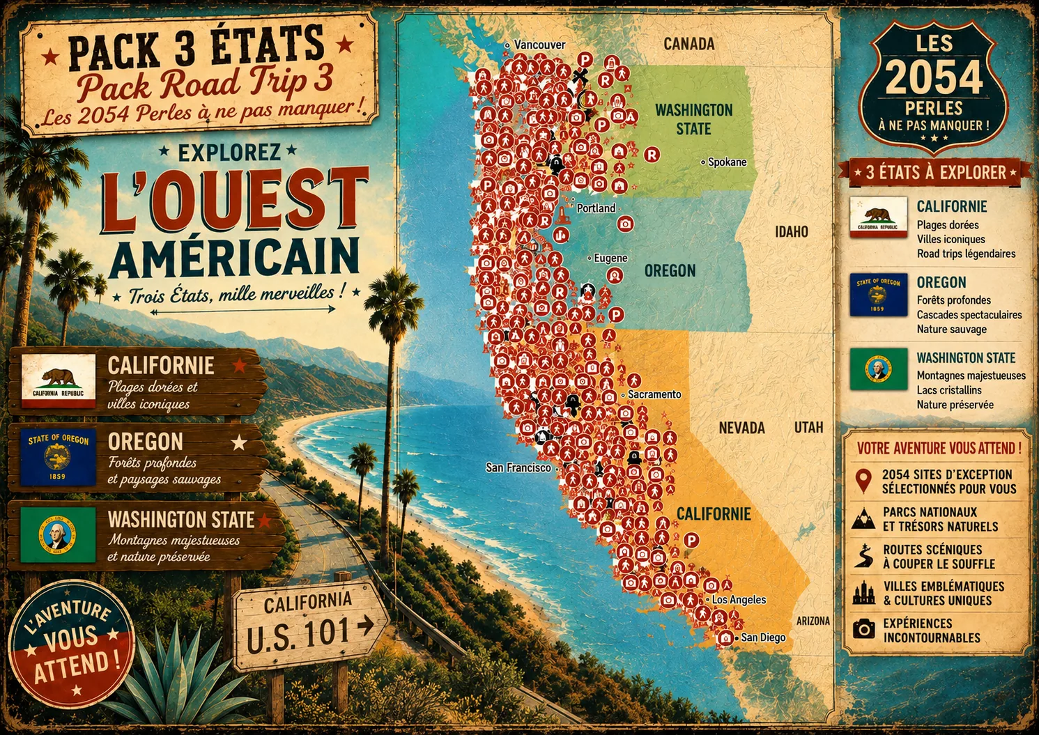Carte des lieux incontournables de Pack Road Trip 3